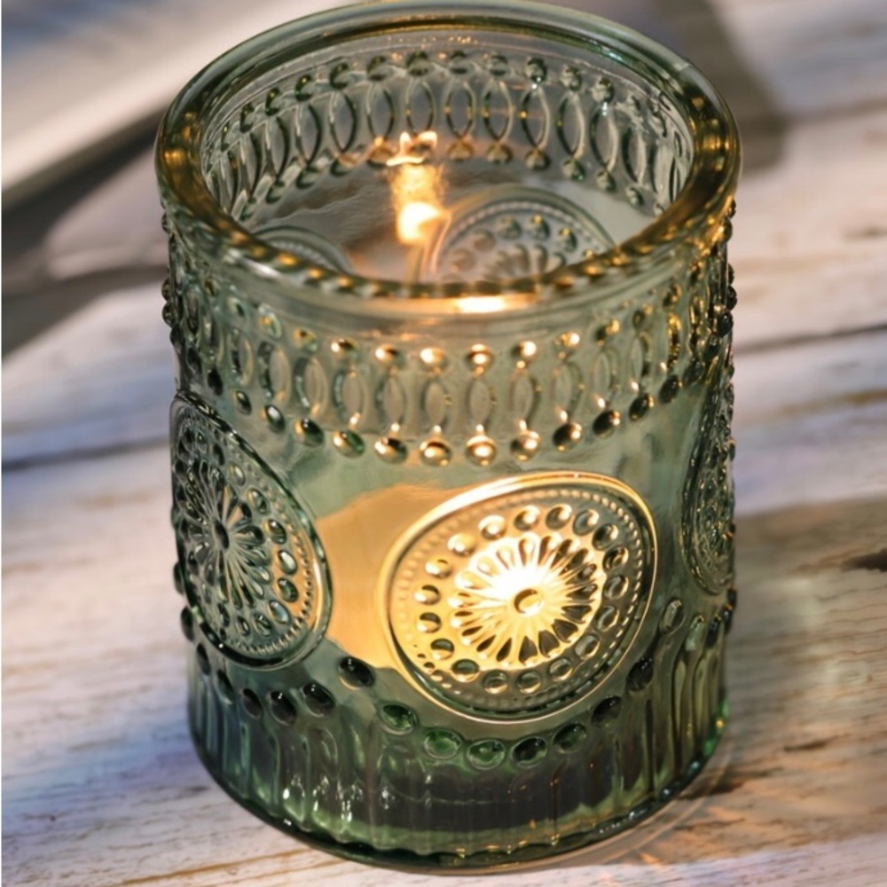 2 Decorative Embossed Glass Candle Holder - Sage Green